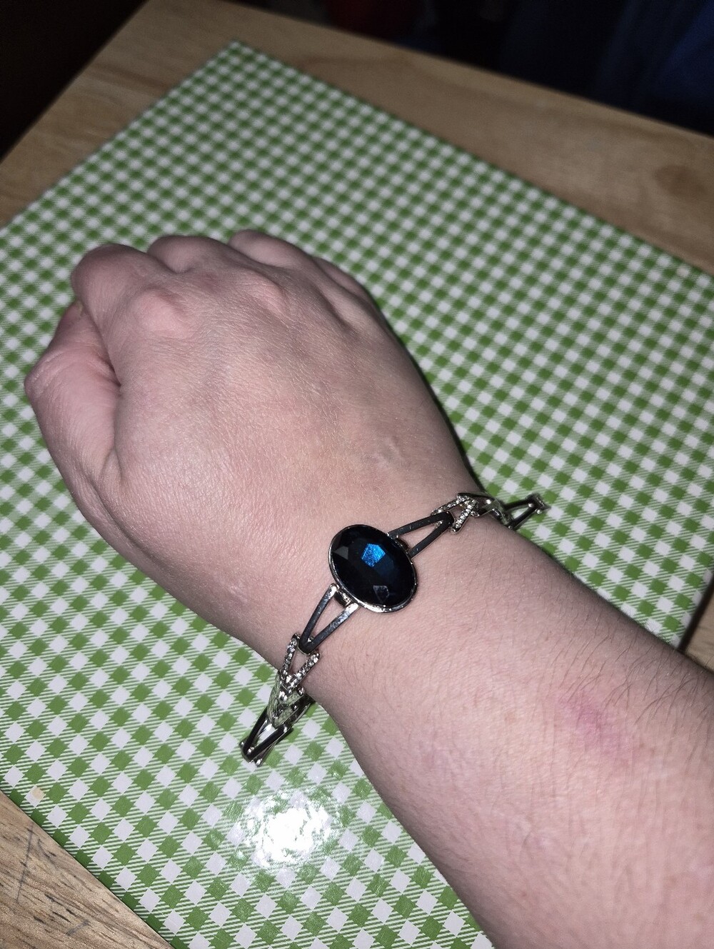 Vintage Silver Tone Oval Faux Sapphire Blue Stone Link Bracelet